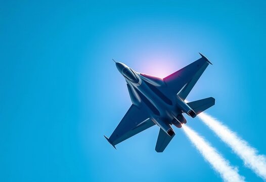 Sleek fighter jet ascends, vapor trails streaming behind, blue sky backdrop,  military,  soaring