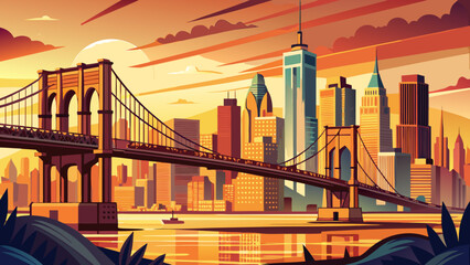 Very beautiful view of the Brooklyn Bridge spanning across the East River with downtown New York City in the background, bathed in the warm golden hues of a stunning sunset, highlighting architectural