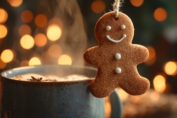 Hanging Gingerbread Man Cookie Over a Steaming Mug 