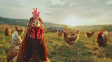 Organic Poultry Farming Concept with a Curious Hen in Foreground