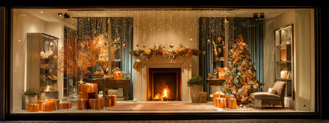 Festive holiday window display featuring a warm fireplace and gifts.