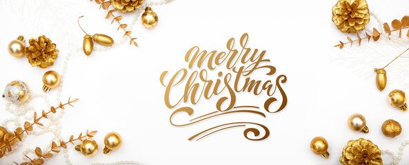 Merry Christmas and Happy New Year greeting card, frame, and banner. Holidays design. Noel and Feliz Navidad. Christmas gifts and decorations, top view. Flat lay.