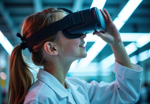 Side profile of a teenage girl in a white lab coat using vr headset under bright fluorescent lighting for immersive tech experience