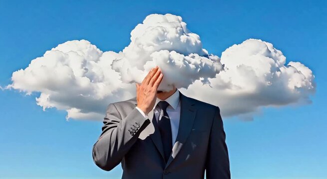 Hombre con traje gris cuyo rostro es una formación de nubes blancas esponjosas