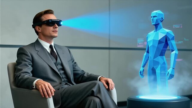 Consultor  sentado usando gafas de Realidad Aumentada viendo su avatar digital flotante