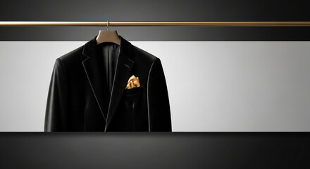 Dark velvet jacket on wooden hanger with gold pocket square and rod, representing luxury, tailoring, and sophistication, with space for branding