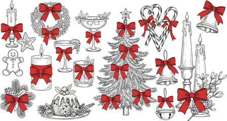 Festive Christmas decorations with red bows, including candles, wreaths, and trees, perfect for holiday designs