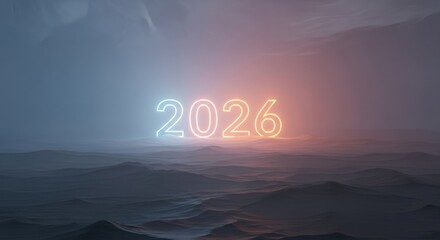 Neon 2026 illuminated above a hazy mountain landscape