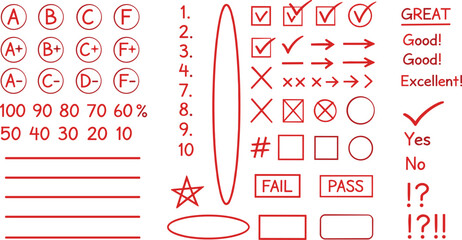 Collection of academic grading symbols, including letter grades, percentages, checkmarks, crosses, and other assessment icons