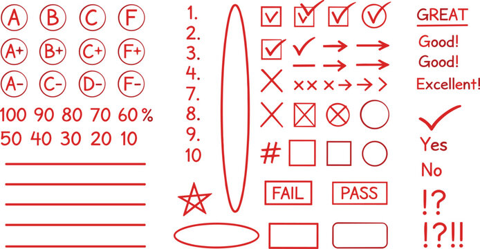 Collection of academic grading symbols, including letter grades, percentages, checkmarks, crosses, and other assessment icons