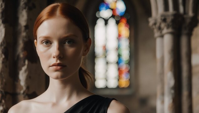 A photorealistic portrait of a redhead woman in an old church