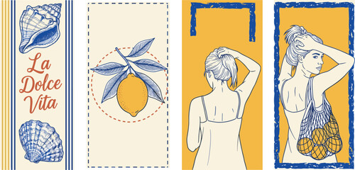 La Dolce Vita" Italian Lifestyle & Summer Vibes with Seashells, Lemons, and a Woman Holding Oranges in a Net Bag