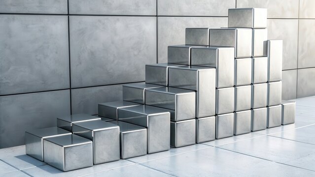 Shiny Metallic Cubes Arranged in an Ascending Geometric Pattern