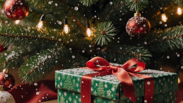 Christmas gift box nestled beneath the tree