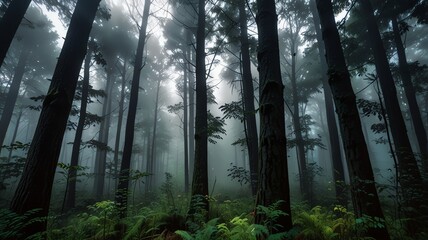 Fototapeta premium Misty forest canopy, tall trees, lush green undergrowth, atmospheric and serene nature scene.