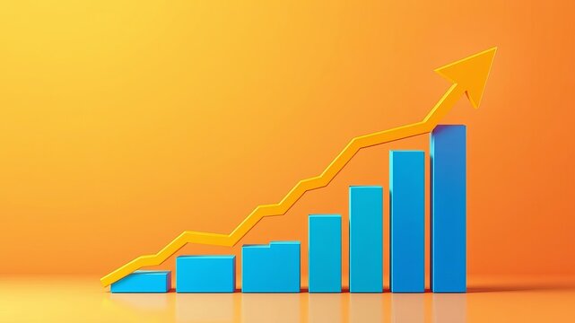 An upward-pointing arrow follows the increasing height of blue bars on an orange background indicating financial growth and positive business performance results.