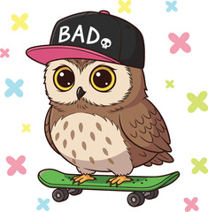 Cool owl, cartoon skateboard, urban style, hip hop bird, expressive eyes, colorful background, funky cap, playful vibe, flat vector illustration