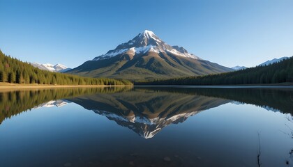 Majestic Mountain Reflection in Tranquil Lake Surrounded by Forest