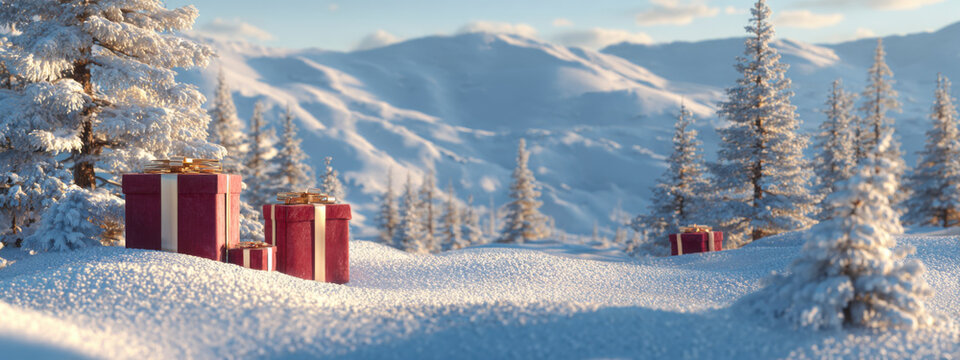 Holiday gifts, snowy mountains and frosted pine trees in the winter snow.