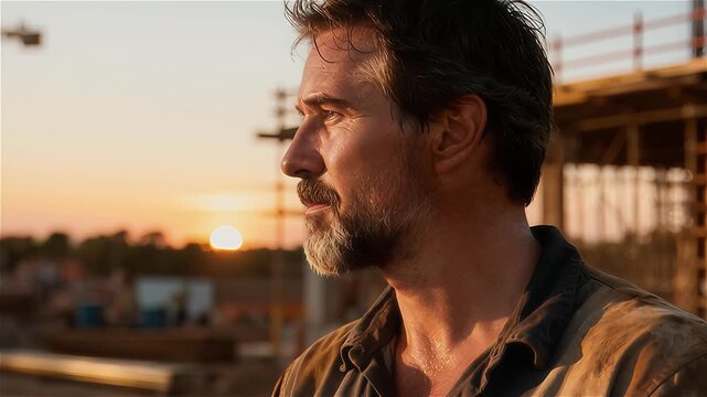 Obrero  tomando un descanso reflexivo  en un sitio de construcción al amanecer