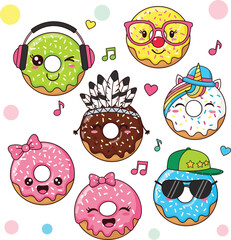 Cute donuts, cartoon food, colorful icing, character design, playful vibe, sweet treats, kids theme, whimsical art, flat vector illustration