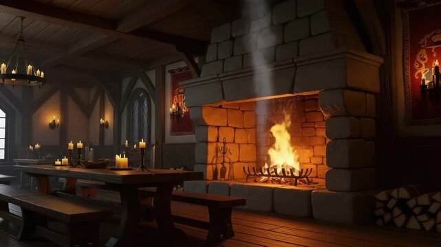 Cozy medieval tavern interior with a crackling fireplace and candlelit wooden table setting