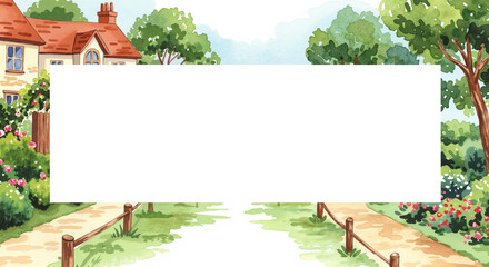 Watercolor landscape of a cottage and garden path in summer, Housewarming card background frame  