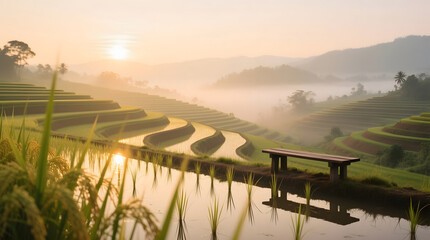 Serene Sunrise Over Misty Rice Terraces in Lush Green Landscape