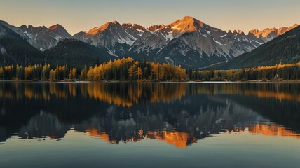 Serene mountain lake at sunset, reflecting autumn trees and majestic peaks.