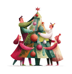 PNG Family decorating Christmas tree together.