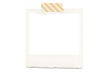 Torn paper instant camera style frame attached with striped adhesive tape, offering a classic template for images on a transparent background