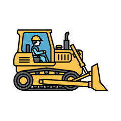 Illustration of a yellow bulldozer with a worker inside the cabin.