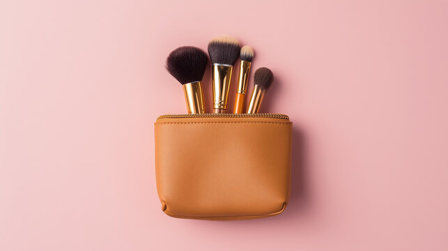 Makeup brushes neatly arranged in pouch on pastel pink flat background. tutorial guides, club newsletters, designed for tourism and weekend activity guides.