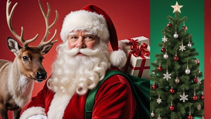 Christmas icons grid Santa reindeer and tree overlapping in a festive arrangement