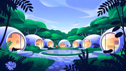 Futuristic eco friendly dome shaped cabins nestled in a lush green forest with a tranquil pond, futuristic, eco-friendly, dome, cabin, glamping, resort, hotel, accommodation, nature, forest, jungle