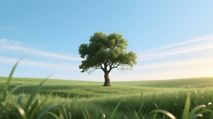 Solitary Tree Embraced by Vibrant Green Grass Under Clear Blue Sky