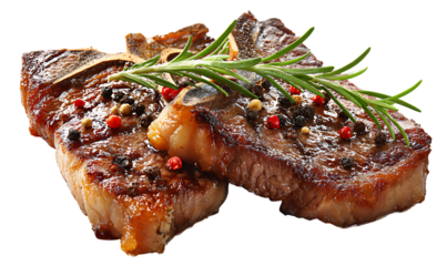 Sizzling grilled porterhouse steaks with rosemary and pepper, isolated on a white background.