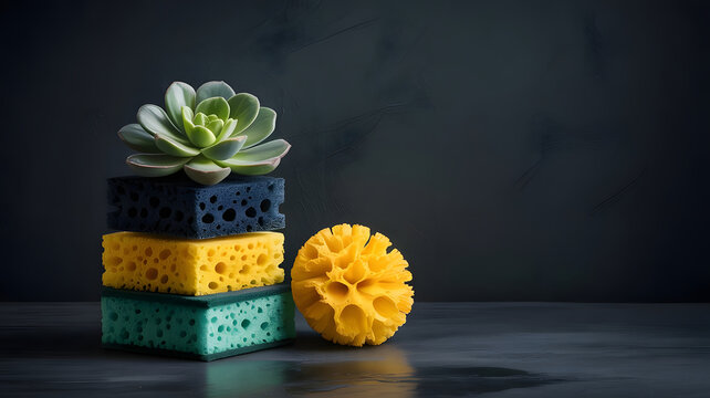 A succulent plant rests atop a stack of colorful cleaning sponges with a textured sponge nearby, succulent, plant, cleaning, sponge, stack, colorful, green, yellow, blue, textured, kitchen, household