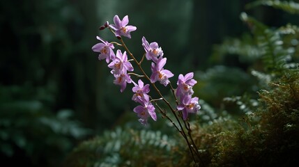 A cluster of delicate pink orchids blooms gracefully on a stem set against a dark lush rainforest backdrop