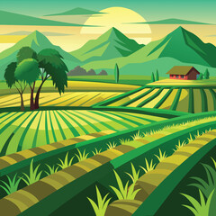 Green Agricultural Landscape with Mountains