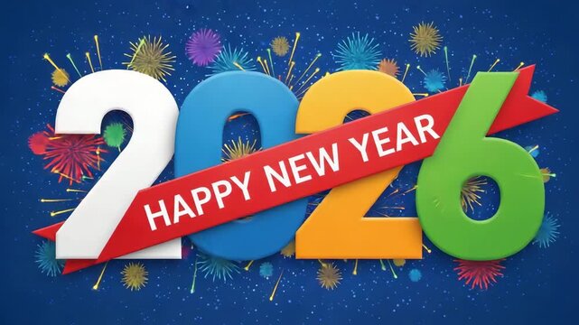 Festive happy new year 2026 celebration with colorful numbers and fireworks