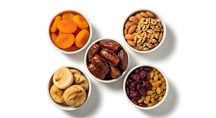 Top-view composition of assorted dry fruits in small ceramic bowls on a clean white background, minimalistic modern layout, studio lighting, high-resolution food photography, sharp focus