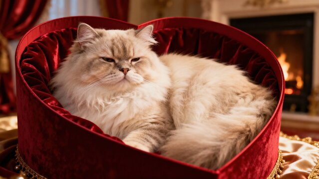 Fluffy feline lounging comfortably in a luxurious heart-shaped bed, surrounded by elegant decor and a warm fireplace, creating a cozy and inviting atmosphere for pet lovers and home decor enthusiasts