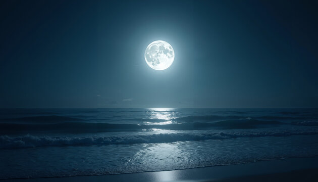 Luminous full moon shining over calm ocean waters at night  