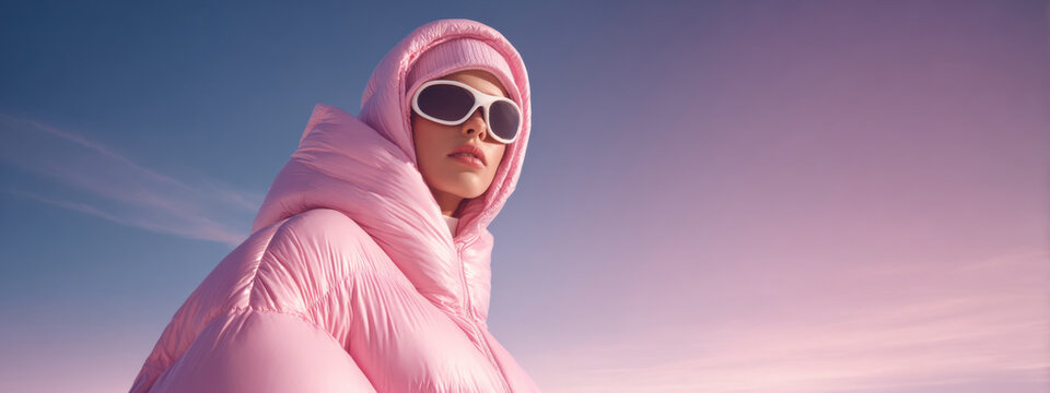 A chic model in a pink puffer jacket against a gradient sky backdrop.