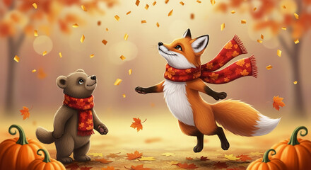 Obraz premium Cartoon fox and bear with scarf in falling leaf scene, symbolizing autumn, friendship, and seasonal transition, evoking cheerfulness and outdoor feeling