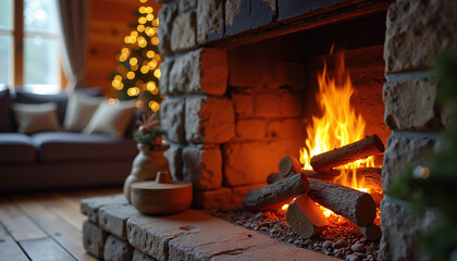Cozy fireplace with burning logs in winter cabin interior