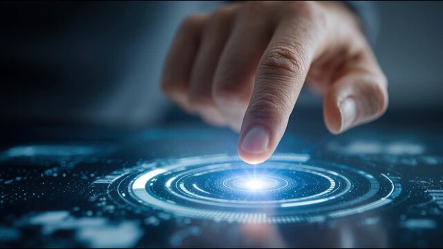 Futuristic dashboard concept featuring finger touching circular button for ai-driven goal map interface design. Finger Touching Futuristic Dashboard Button &ndash; Animated Video Version