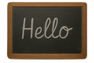 Chalkboard with hello message handwritten in white chalk, school education greeting and welcome concept on transparent background