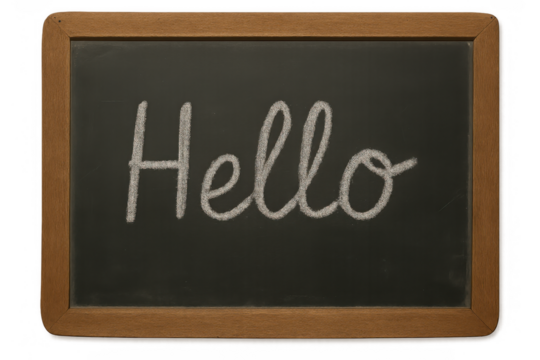 Chalkboard with hello message handwritten in white chalk, school education greeting and welcome concept on transparent background - Powered by Adobe